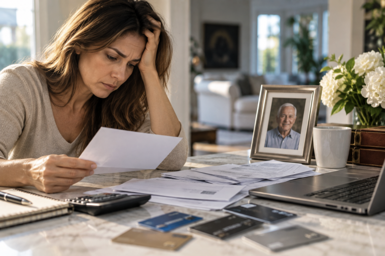 Woman reviewing bills and credit cards after a loved one’s death while managing estate and probate finances.