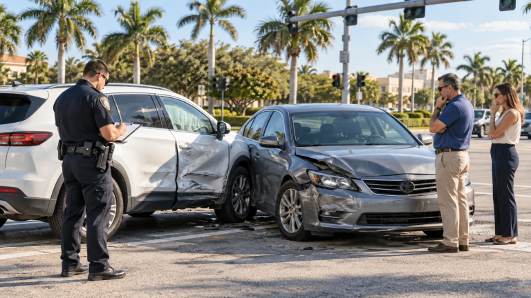 **Alt text:** Police officer documenting a two-car crash at a Florida intersection while the drivers stand nearby.